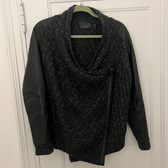 Line sweater jacket with Faux leather trims, Grey & Black, size M - Picture 3 of 7